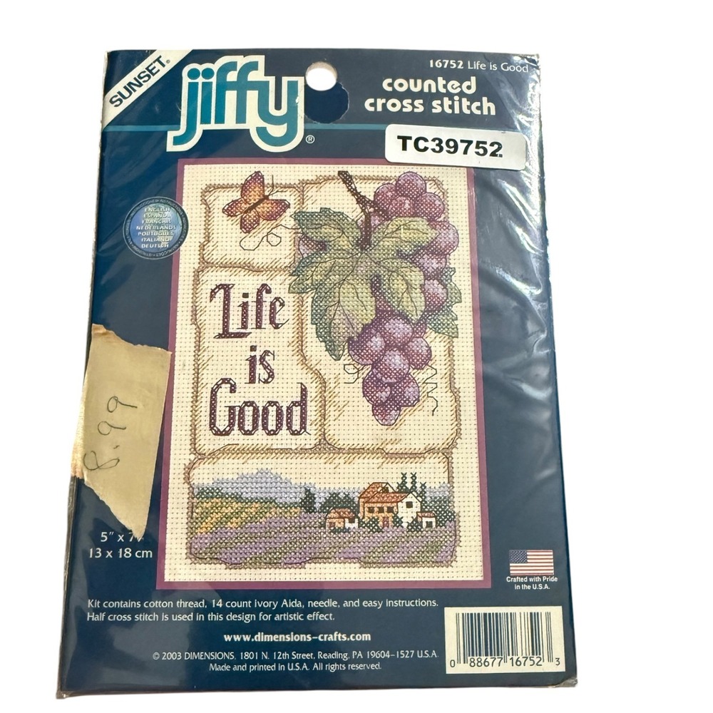 Sunset Jiffy Counted Cross Stitch Kit 16752 Life is Good Grapes Vineyard Vintage